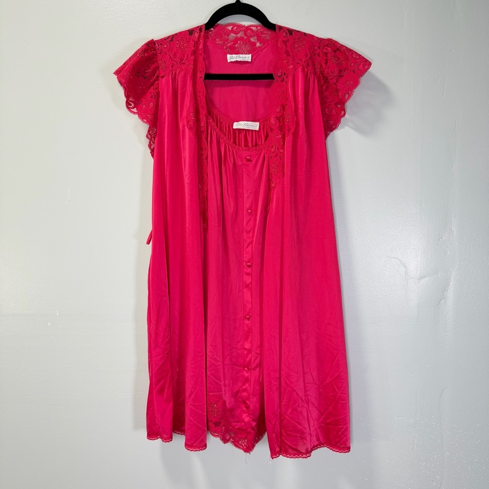 Miss Elaine Vintage Hot Pink Fuchsia Nylon Lace Nightgown and Robe‎ Set Small